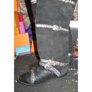 Willy van Rooy Black Leather Rhinestone Embellished Boots 8.5